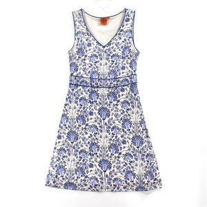 Tory Burch Gene White Blue Silk Floral Sleeveless A-Line Mini Dress M V-Neckline